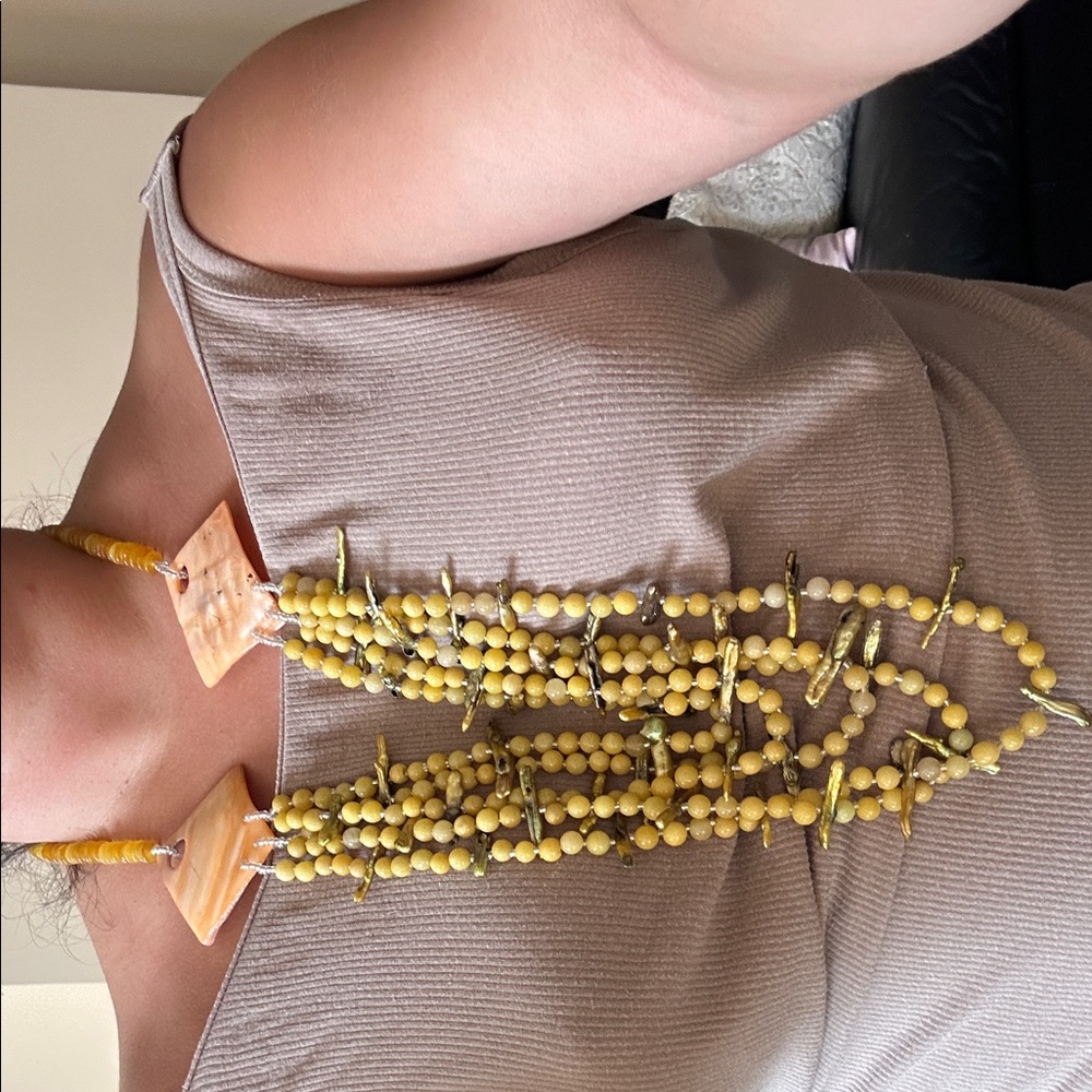 Handmade Yellow Beaded Statement Necklace - Multi-Strand